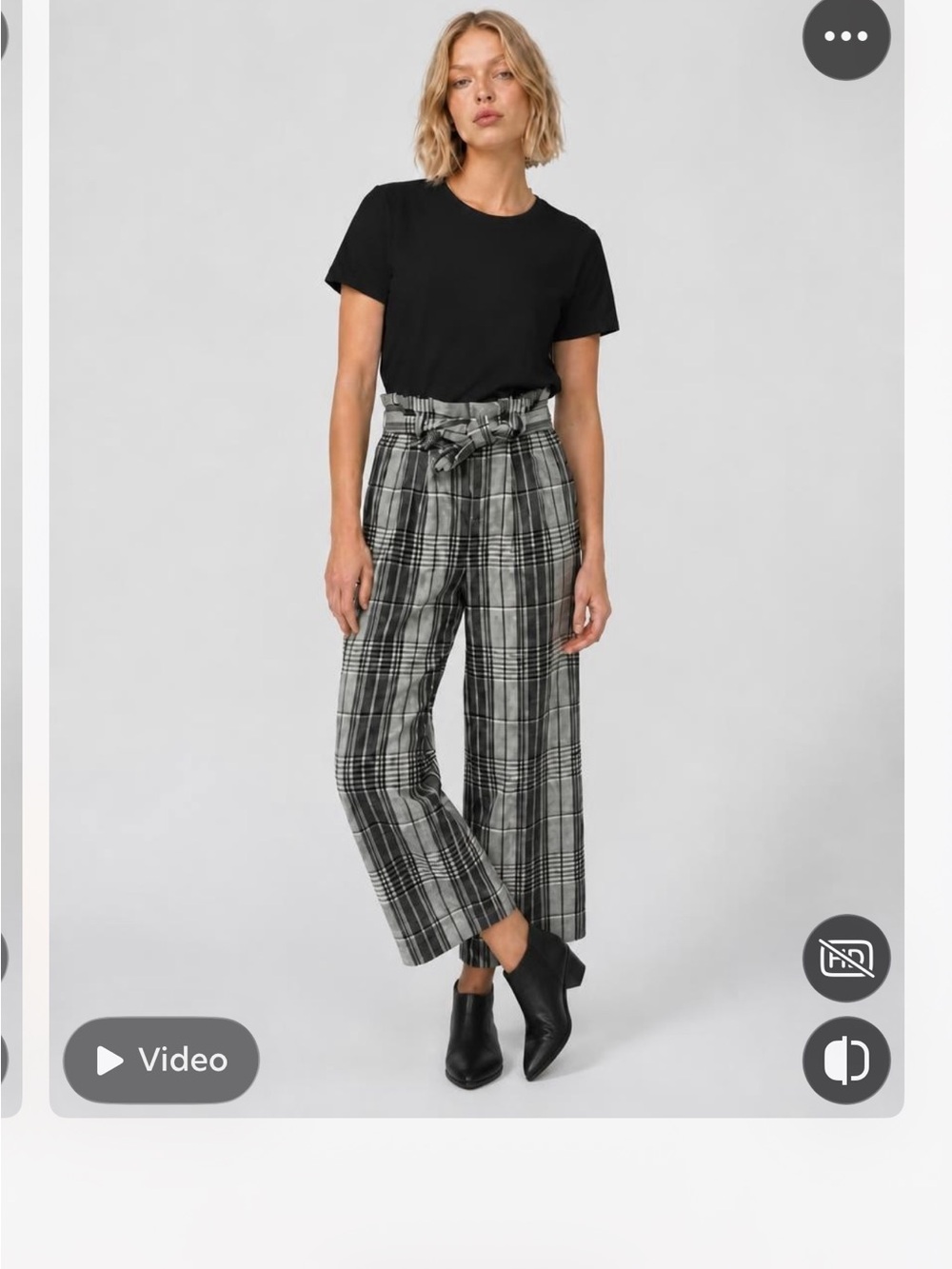 Alice + Olivia Black and Gray Plaid High-Waist Wide-Leg Trousers